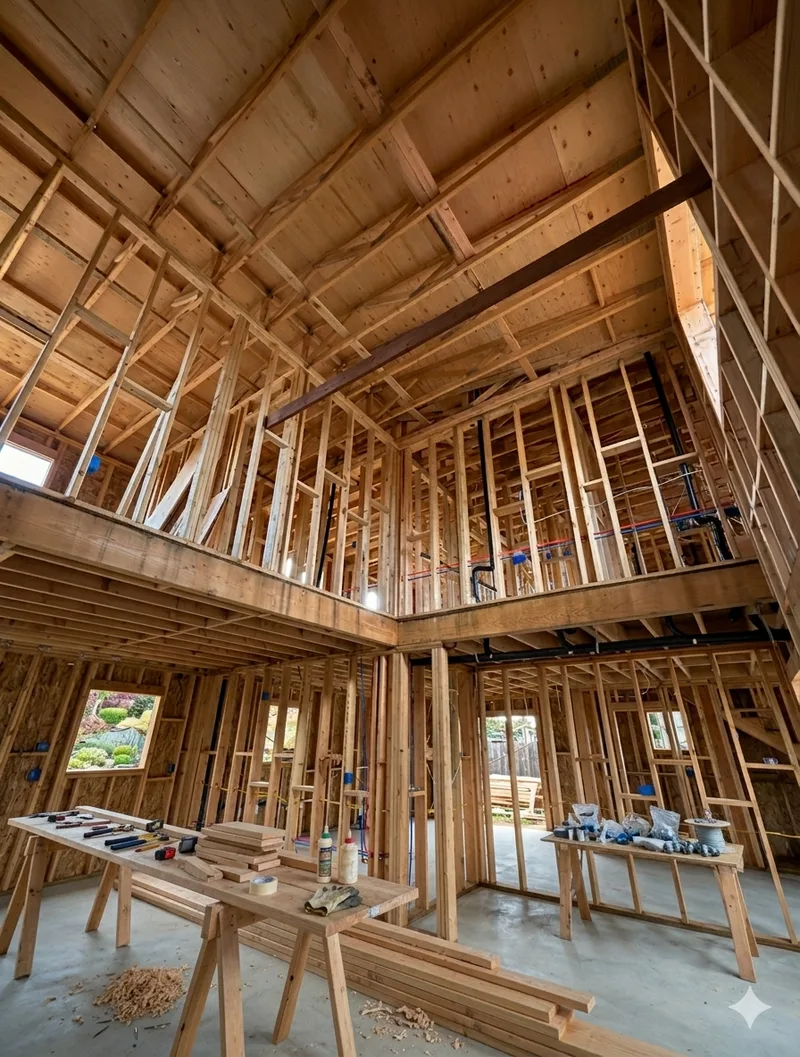 Two-story interior framing with steel beams and cathedral ceiling