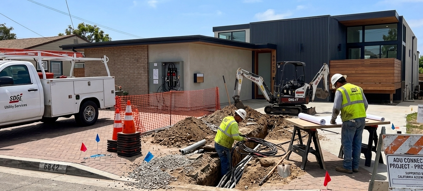 Utility connection panel for residential construction